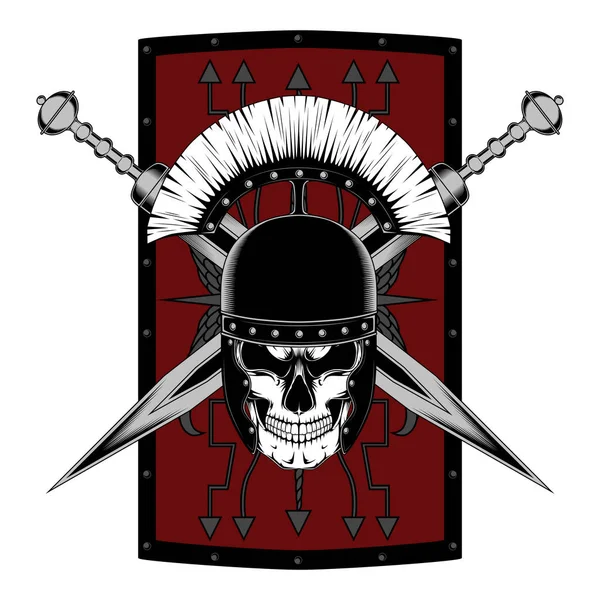 头盔中带有剑和盾牌的军团头骨的矢量图像 白色背景上的图像 — 图库矢量图片