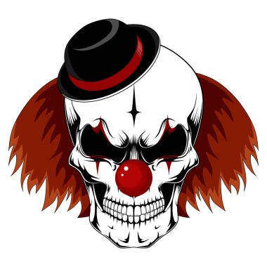 Siyah şapkalı kızıl saçlı bir palyaçonun kafatası. Beyaz arka planda vektör görüntüsü.