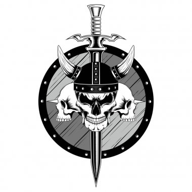 Kılıç, kalkan ve kafatasları ile kask Viking kafatası. Beyaz arka planda vektör görüntüsü.