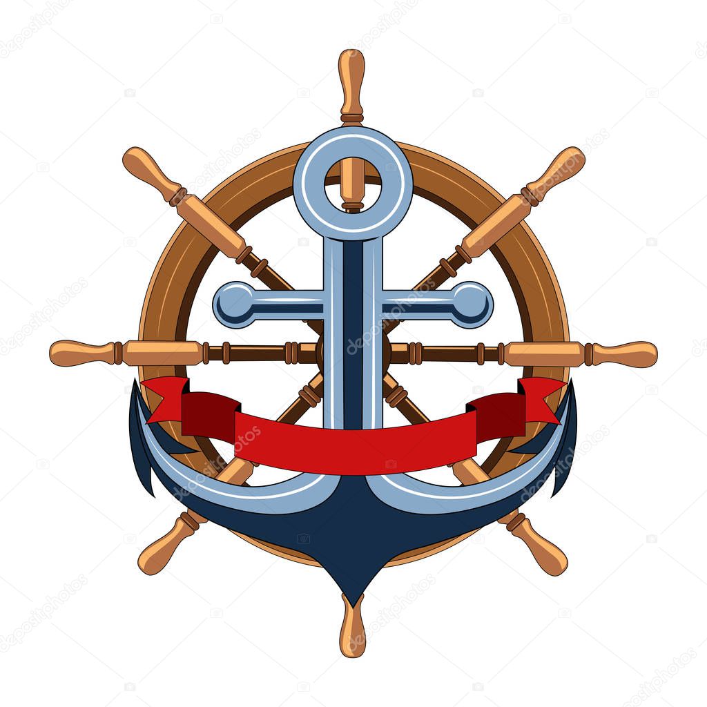 Vector image of anchor, ship steering wheel, ribbon. Image on white background.