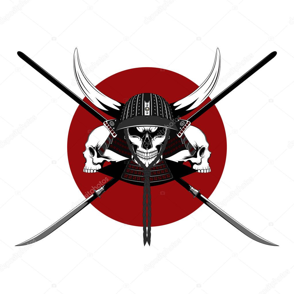 Samurai skull in a helmet with horns with weapons and skulls. Image on white background.