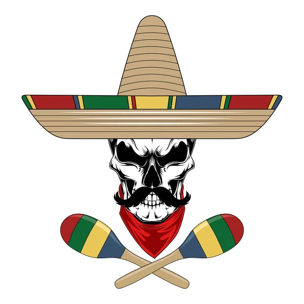 Череп Мексиканской Шляпе Маракасами Векторное Изображение Белом Фоне — стоковый вектор