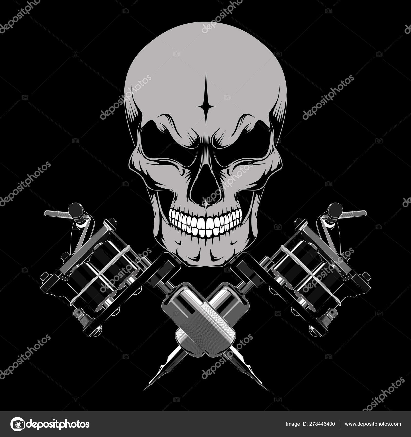 Vector Image Skull Two Tattoo Machines Image Black Background Stock