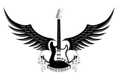 Kanatları, kafatasları, kurdeleleri olan bir gitarın vektör görüntüsü. Beyaz arka plandaki resim.