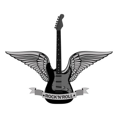 Kanatlı ve bantlı gitar. Beyaz arka planda vektör görüntüsü.