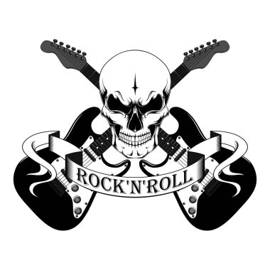 Kafatası, iki gitar, teyp, rock and roll. Beyaz arka planda vektör görüntüsü.