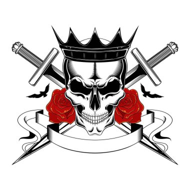 Güller, kılıçlar, kuşlar, kurdelelerle taçta kafatası. Beyaz arka planda vektör görüntüsü.