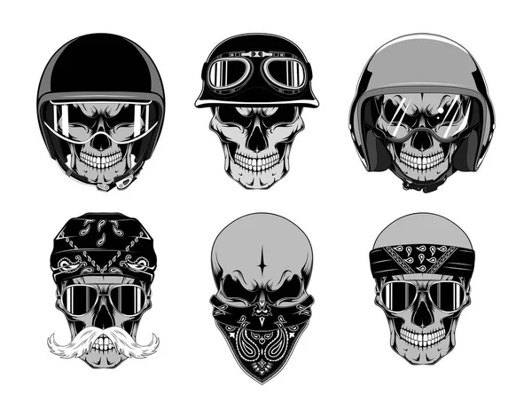 Conjunto Cráneos Cascos Moto Bandanas Imagen Vectorial Sobre Fondo Blanco — Vector de stock