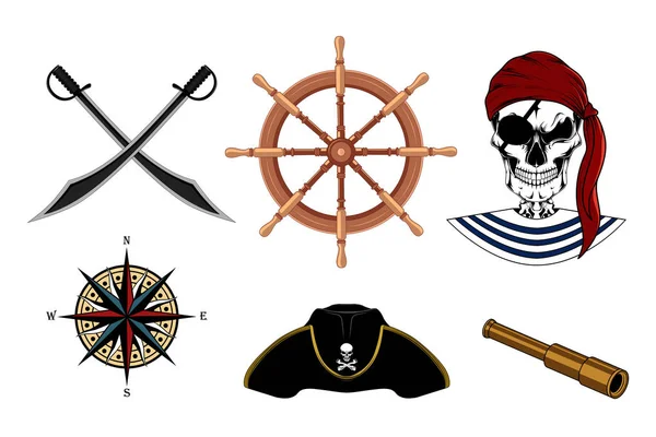 Vektor Bilder Piratenschädel Windrose Spyglass Schwerter Kapitänsmütze — Stockvektor