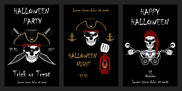 Conjunto de cartões de Halloween vetoriais. Crânios de piratas . — Vetor de Stock