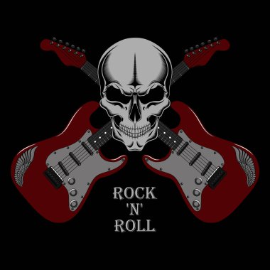 Kafatası olan kırmızı gitarların vektör görüntüsü. Siyah arka plandaki resim.