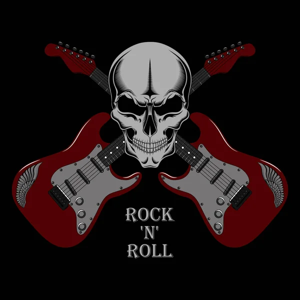 頭蓋骨を持つ赤いギターのベクトル画像 黒い背景上の画像 — ストックベクタ