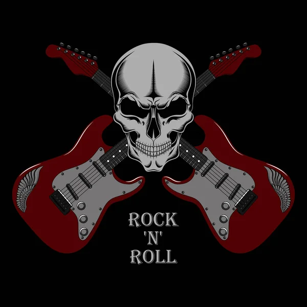 Kafatası olan kırmızı gitarların vektör görüntüsü. Siyah arka plandaki resim.