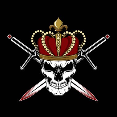 Taçtaki bir kafatasının vektör görüntüsü. Kafatası, kılıç, taç. Siyah arka plandaki resim.
