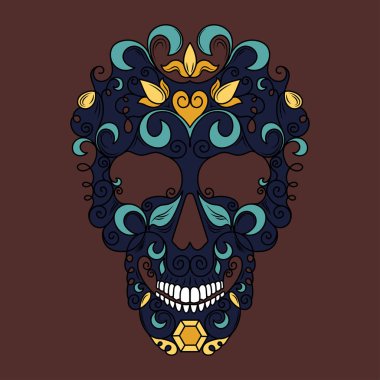 Çiçekli süslemeli kafatası. Meksikalı kafatası. Kahverengi arkaplanda vektör resmi.