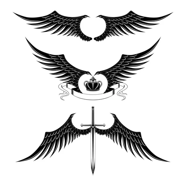 Zwart Wit Set Vectorafbeeldingen Van Vleugels Vleugels Vleugels Met Een — Stockvector