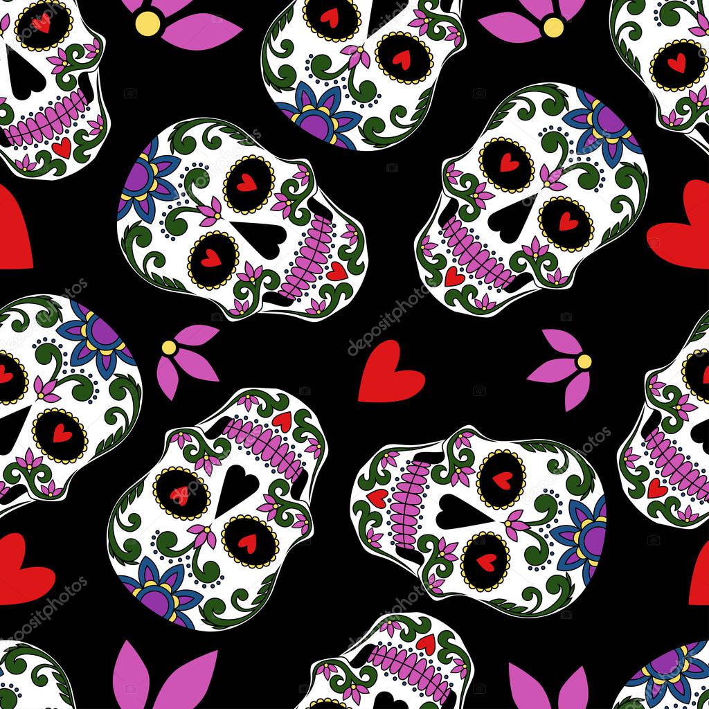 Seamless texture with mexican skulls, hearts, flowers. Vector image on a black background.