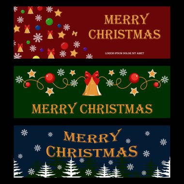 Vektör Noel afişleri seti. Noel ağaçları, Noel topları, çanlar, yaylar, yıldızlar, desenler. Pankartlar, el ilanları, kartlar, illüstrasyonlar için tasarım ögeleri.