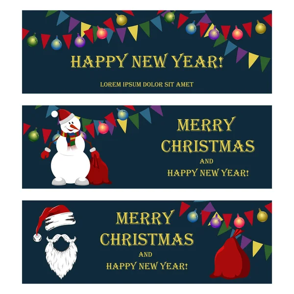 Set of vector christmas illustrations. Christmas garlands, Christmas balls, snowman, Santa Claus hat, beard, mustache, bag with gifts. Set of elements for banners, flyers, cards.