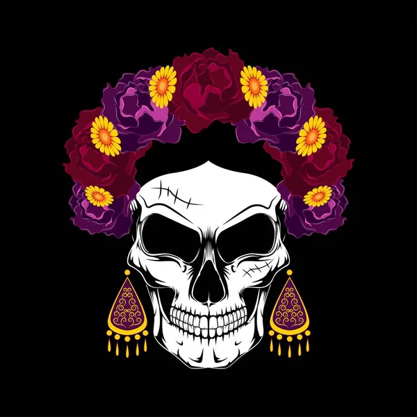 Crânio Mexicano Feminino Com Uma Coroa Flores Cabeça Ilustração Para — Vetor de Stock