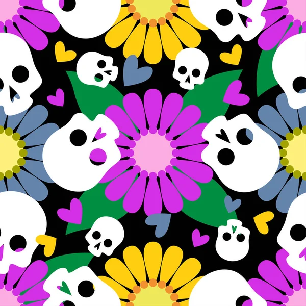 Geometrisches Nahtloses Muster Mit Dem Bild Von Totenköpfen Bunten Blumen — Stockvektor