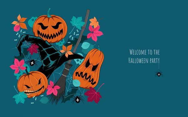 Ilustracja Halloween Wizerunek Wektorowy Dyń Liści Czaszek Pająków Łodzi Rybackich — Wektor stockowy