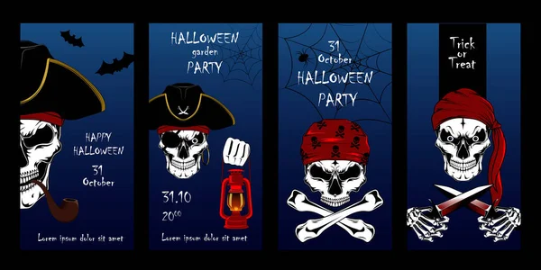Set Carte Vettoriali Halloween Teschi Pirati Capitano Pirati Motro Una — Vettoriale Stock