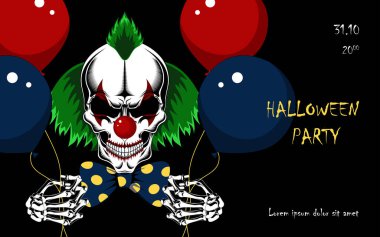 Balonlu şeytani bir palyaço kafatasının vektör görüntüsü. Afişler, kartlar, el ilanları için tasarım ögeleri.