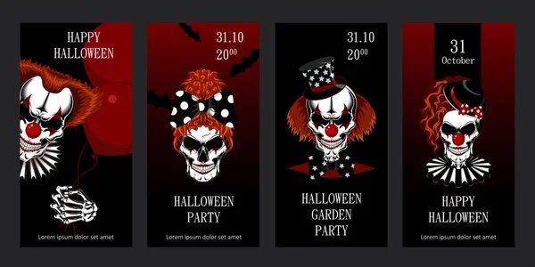 Zestaw Kartek Powitalnych Halloween Zawierających Złych Klaunów Szablony Pocztówek Ulotek — Wektor stockowy