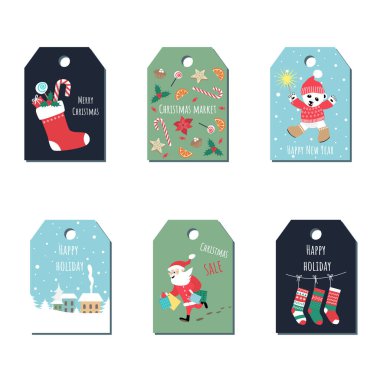 Noel hediyeleri için etiketler, Noel satışları, Noel pazarı. Festivalsel vektör illüstrasyonu.