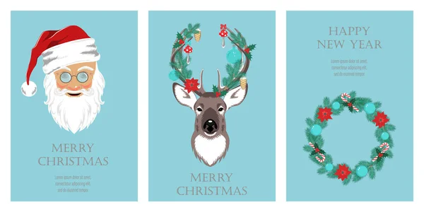 Briefkaarten Voor Kerstmis Nieuwjaar Vectorafbeelding Van Kerstman Hert Kerstkrans Design — Stockvector