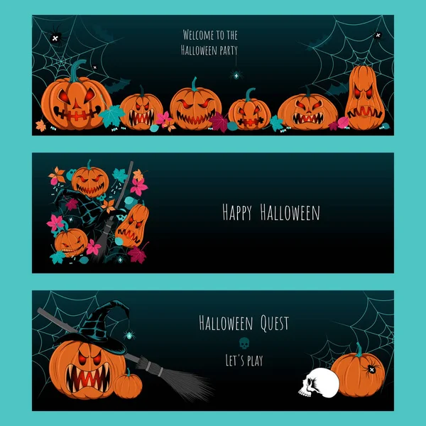 Комплект Баннеров Хэллоуин Изображением Злых Тыкв — стоковый вектор