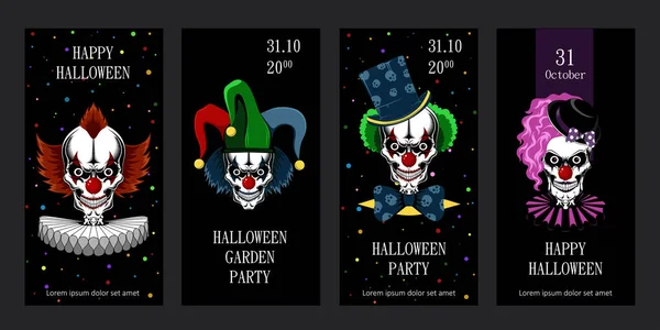 Uppsättning Kort För Halloween Onda Dödskallar Clowner Mallar För Kort — Stock vektor