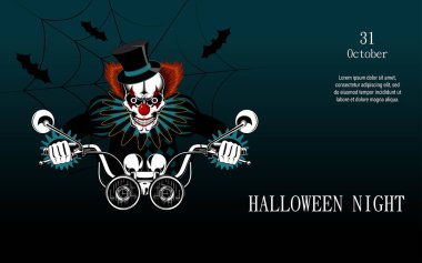 Cadılar Bayramı için çizim. Motosikletli kötü bir palyaçonun vektör görüntüsü. Kartpostal, broşür, afiş, arkaplan tasarımı.