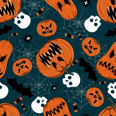 Cadılar Bayramı dokusunda kabaklar, örümcekler, örümcek ağları.