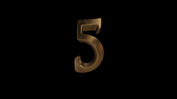 Aftellen van 0 tot en met 10. Cijfer 5. Gouden cijfers 5 met alfakanaal. — Stockvideo
