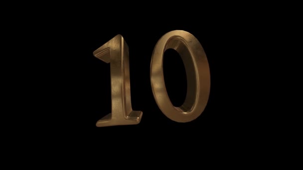 Countdown von 0 bis 10. Ziffer 10. Goldziffer 10 mit Alphakanal. — Stockvideo