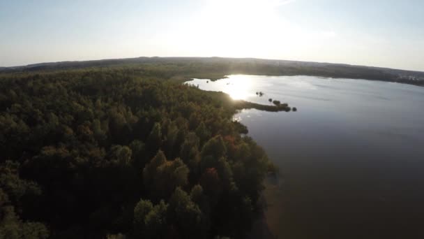 Аэрофотосъемка в заповеднике в Беларуси. Летающие над озером и лесом — стоковое видео