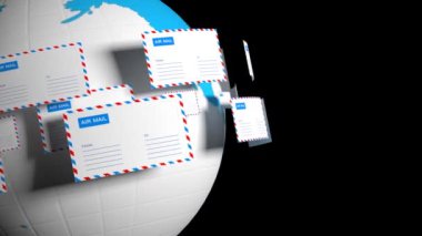 Birçok mektup bir daire içinde sinek. Internet mail. Yazışma dünya çapında teslimat. Videoda bir alfa kanalı vardır. 48