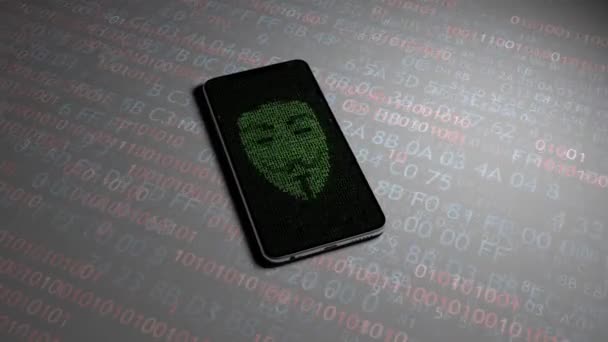 Hacking personlig information på telefonen. Guy Fawkes-mask. 50 — Stockvideo