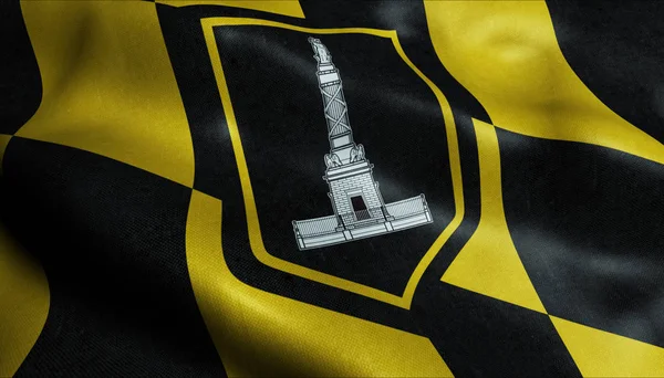 3D Waving Flag of Baltimore City Closeup View