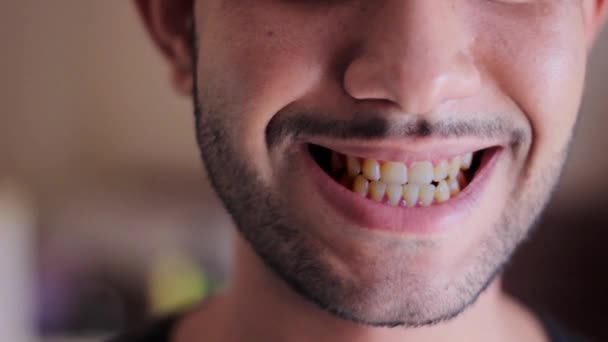 Close Smiling Man Face Yellow Teeth Concept Poor Oral Care — Stock Video