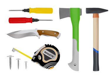 İnşaat araçları. Araçlar kümesi. Tornavida, hammer, axe, mezura, bıçak, vida. Vektör çizim.