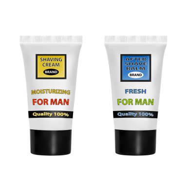 Bir dizi tıraş köpüğü ve tıraş kremi sonra. Vektör çizim.