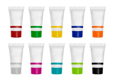 Tüp krem. Farklı renklerde krem ambalaj tasarımı. Vektör çizim.
