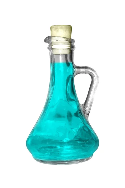 Bouteille Verre Avec Liquide Turquoise Sur Fond Blanc — Photo