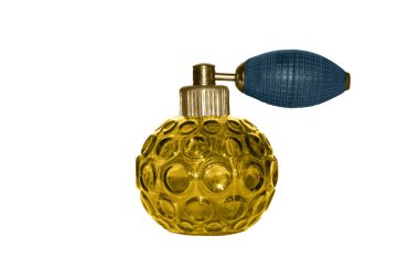 Sprey-armut beyaz bir arka plan için kolonya şişesiyle.