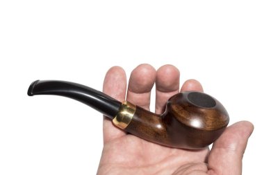 Ahşap beyaz arka plan üzerinde elinde sigara boru yapılmış.