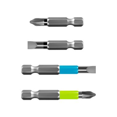 Elektrikli matkap veya vektör beyaz zemin üzerine Akülü tornavida için bit. Cıvata ve vidalar vektör için bit.