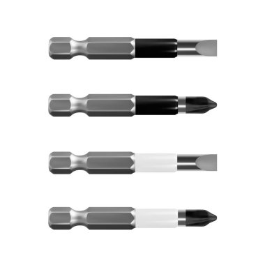 Elektrikli matkap veya vektör beyaz zemin üzerine Akülü tornavida için bit. Cıvata ve vidalar vektör için bit.